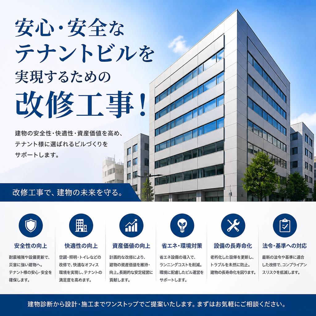安心・安全なテナントビルを実現するための改修工事！